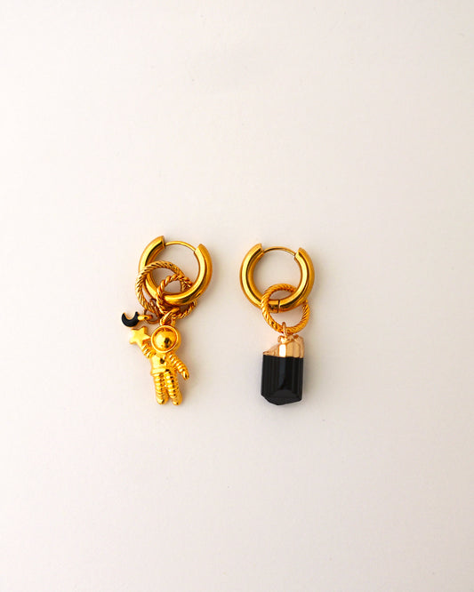 boucles d'oreilles créoles astro rock doré et noir