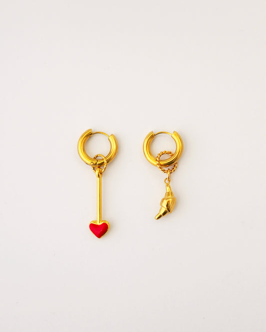 boucles d'oreilles créoles coeur de beurre rouge et doré