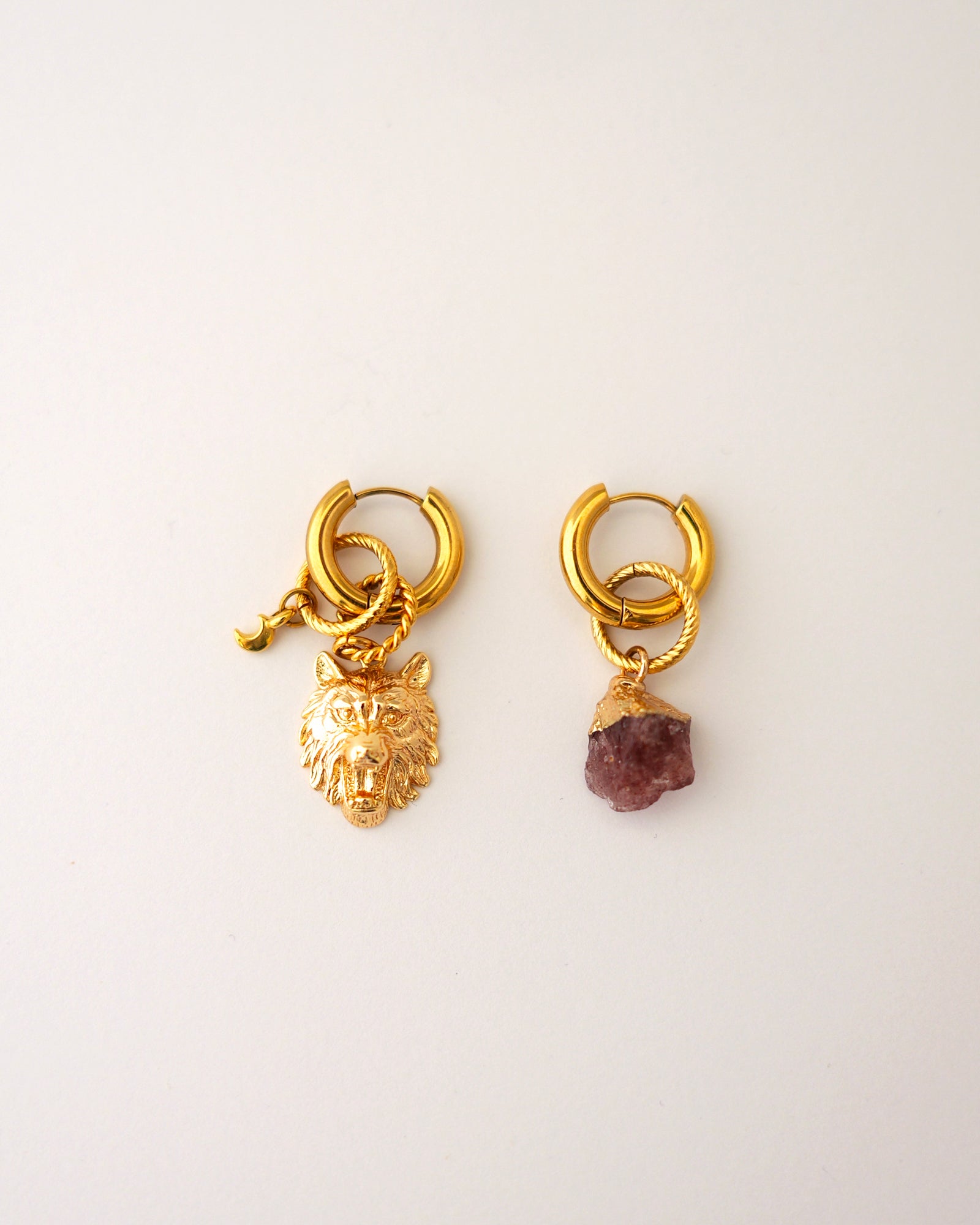 boucles d'oreilles créoles loup garou doré et vieux rose