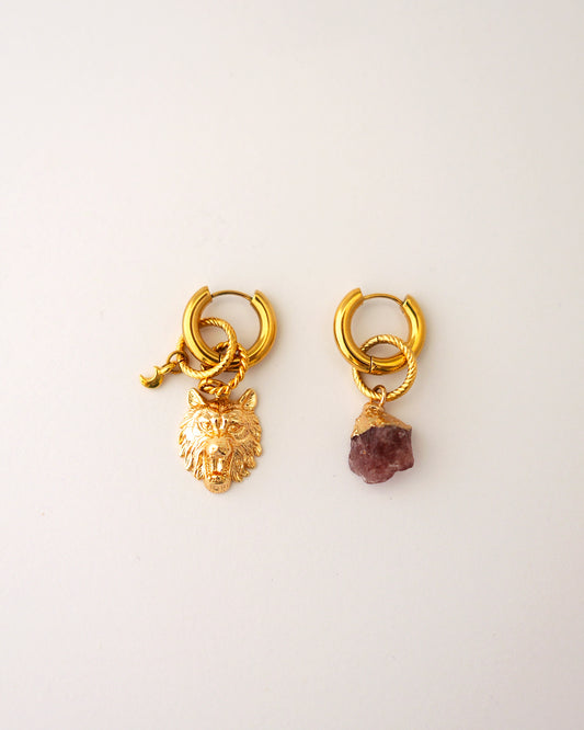 boucles d'oreilles créoles loup garou doré et vieux rose