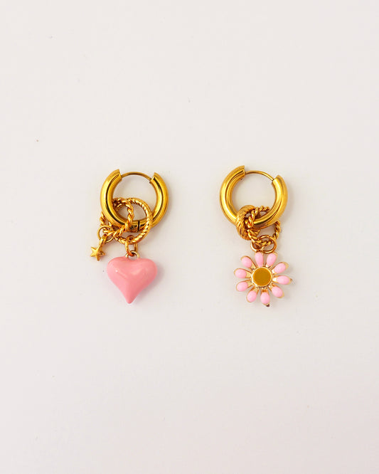boucles d'oreilles créoles love in bloom doré et rose