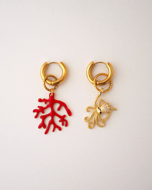 boucles d'oreilles octopus reef doré et rouge