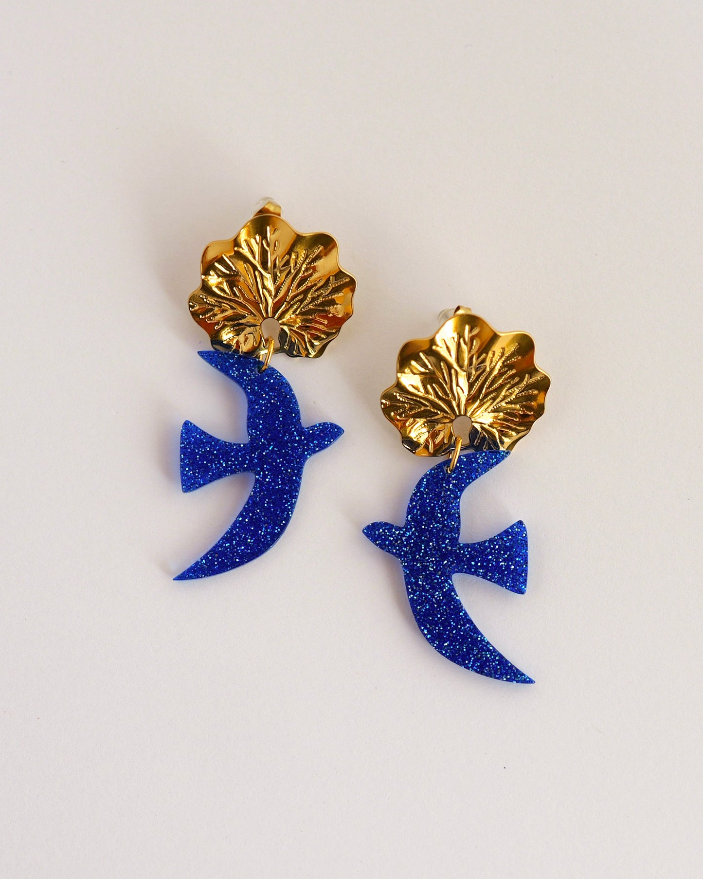 boucles d'oreilles oiseaux bleu pailleté
