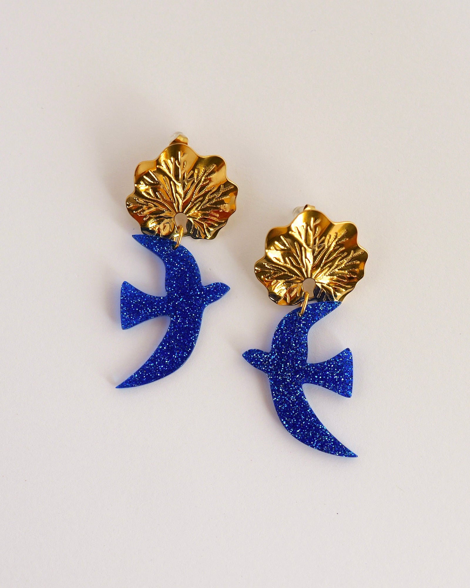 boucles d'oreilles oiseaux bleu pailleté