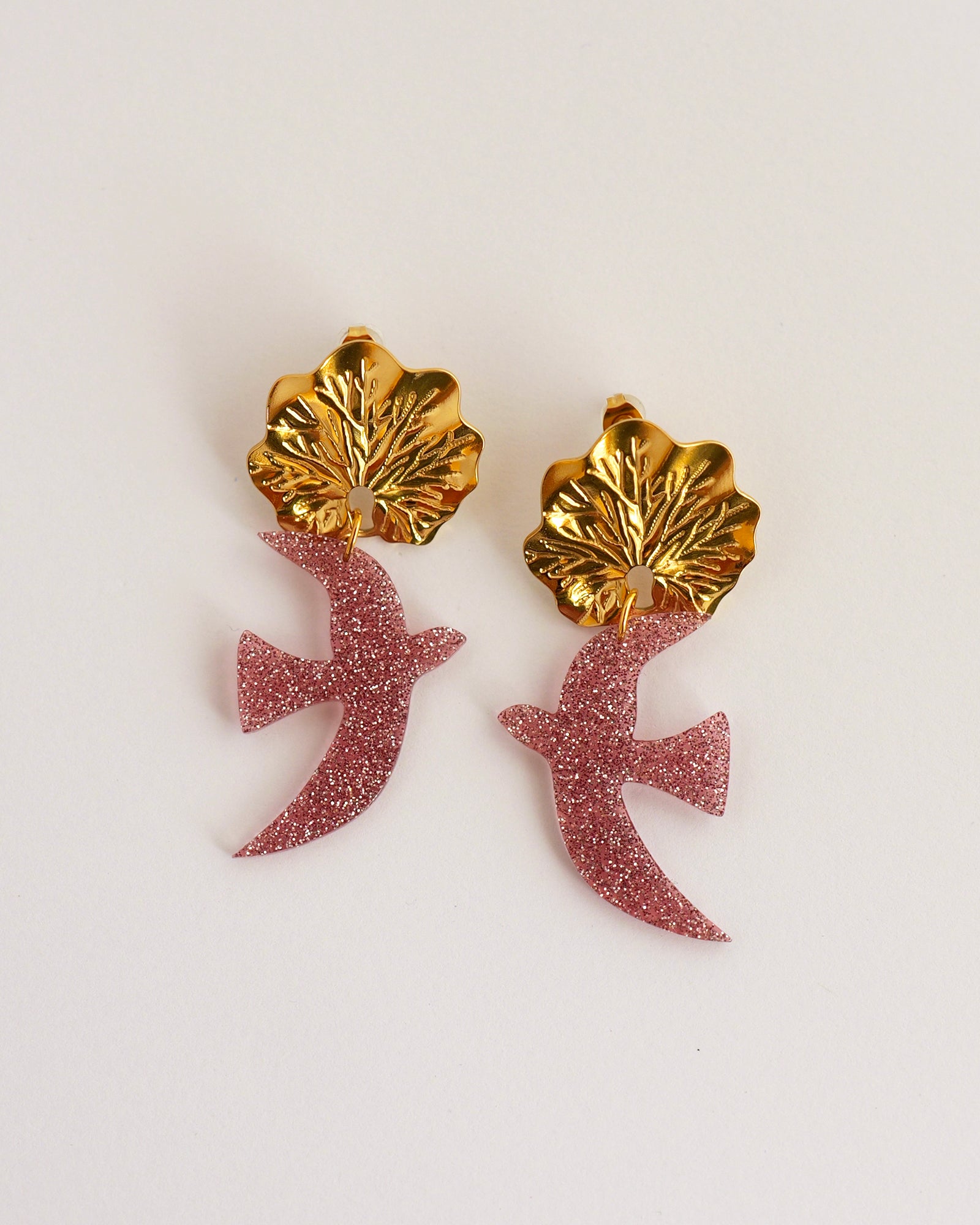 boucles d'oreilles oiseaux rose pailleté