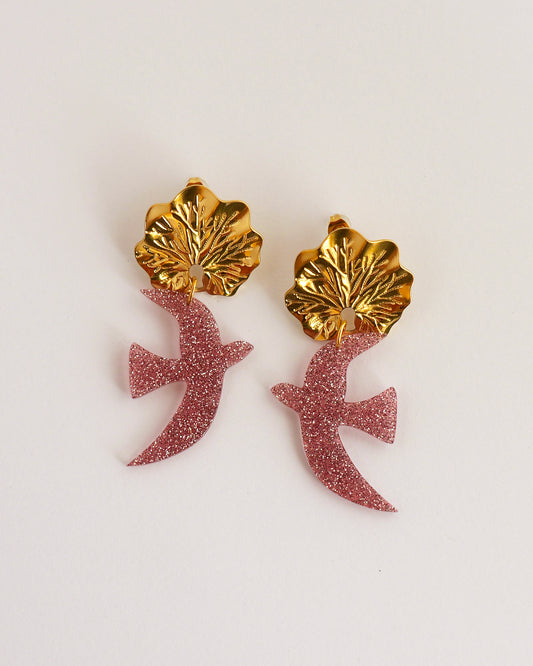 boucles d'oreilles oiseaux rose pailleté