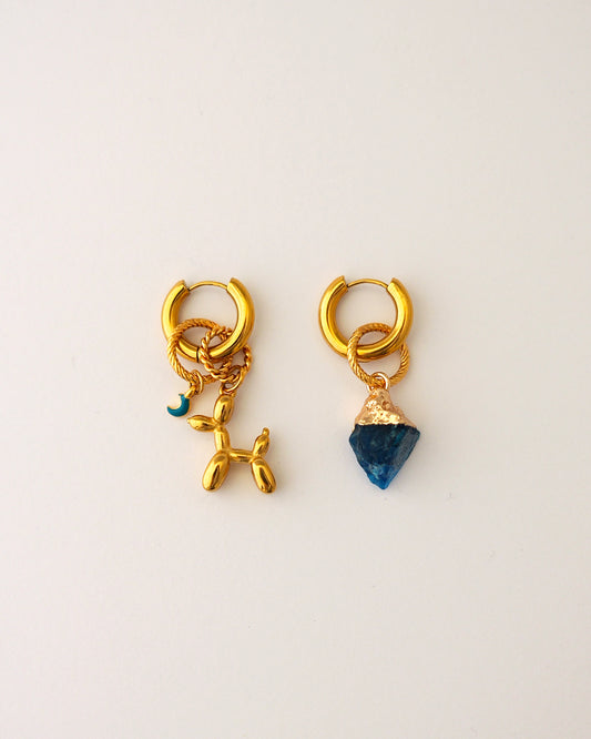 boucles d'oreilles créoles woof art doré et bleu canard