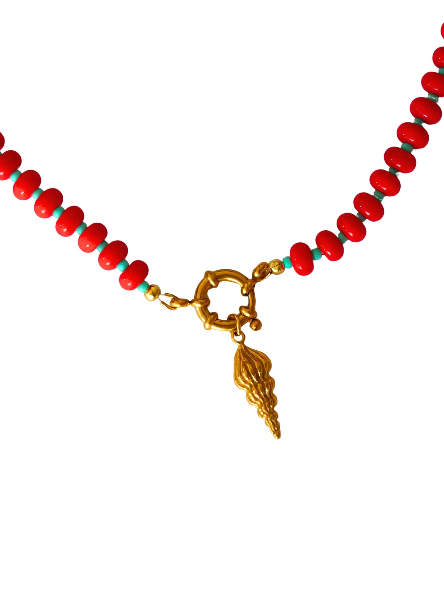 Collier perles &  pendentif coquillage - rouge