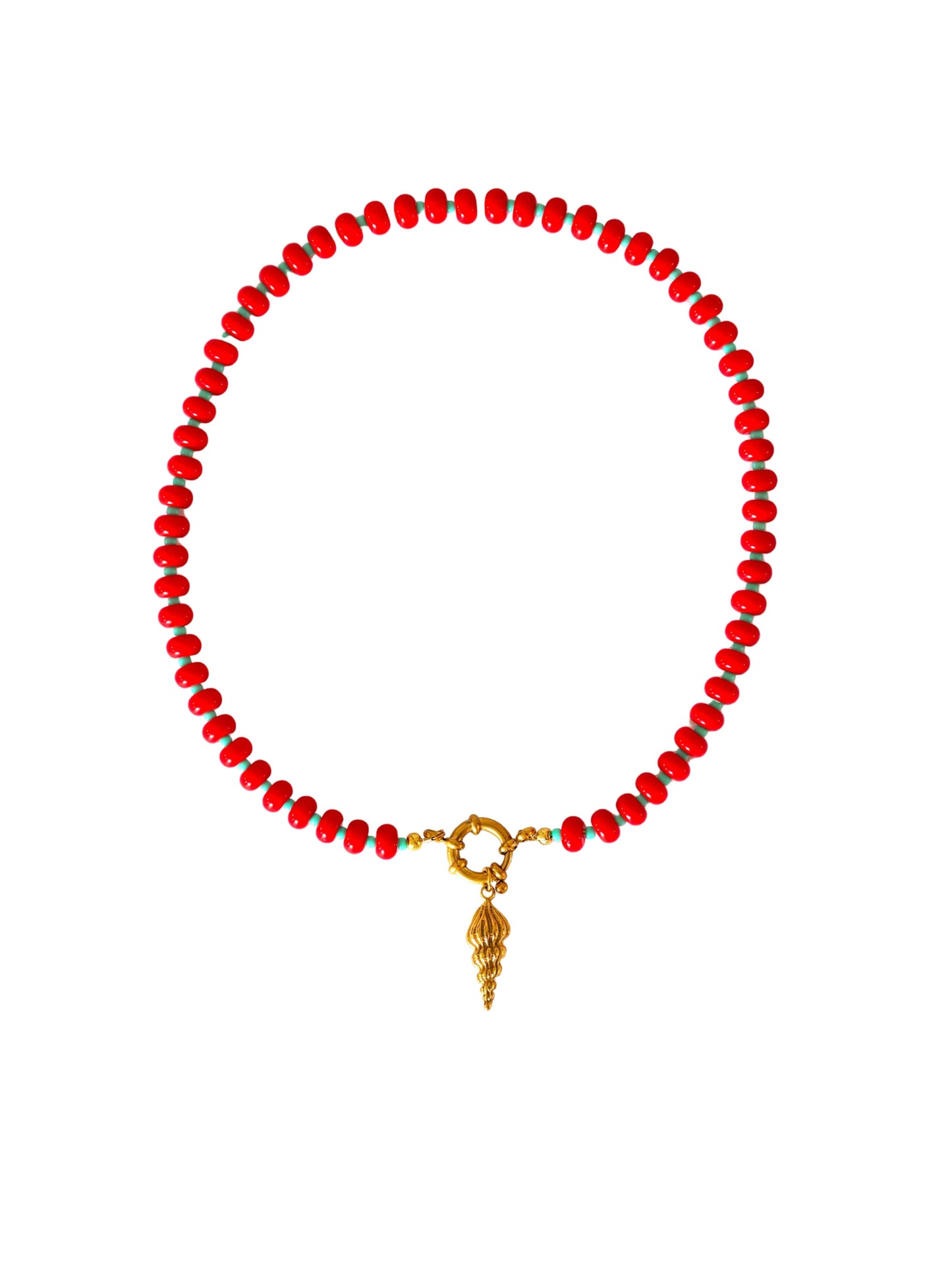 Collier perles &  pendentif coquillage - rouge