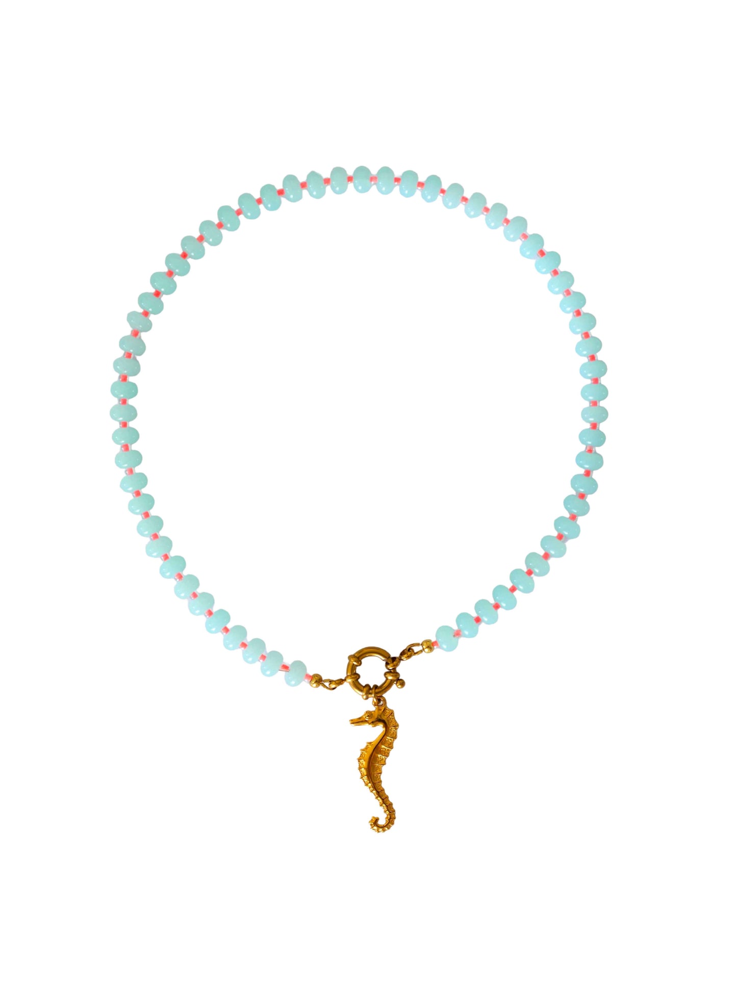 Collier perles &  pendentif hippocampe - bleu pastel