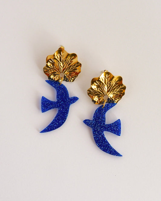 boucles d'oreilles oiseaux bleu pailleté