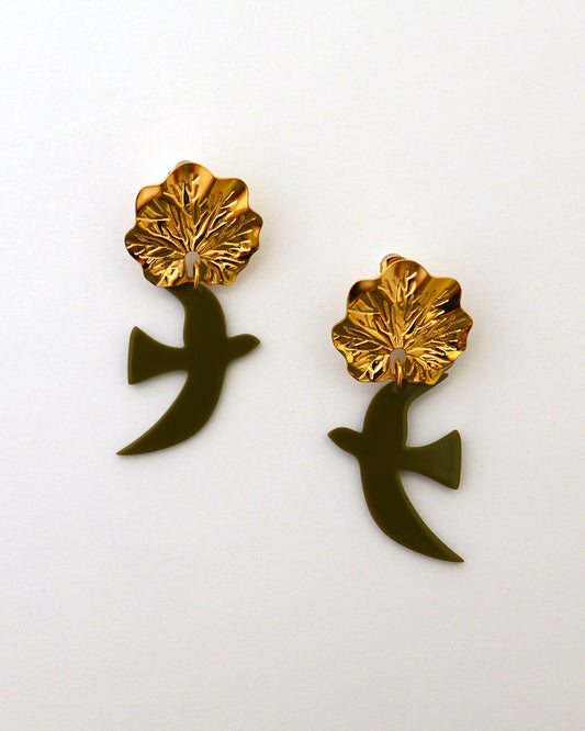 boucles d'oreilles oiseaux doré et vert kaki