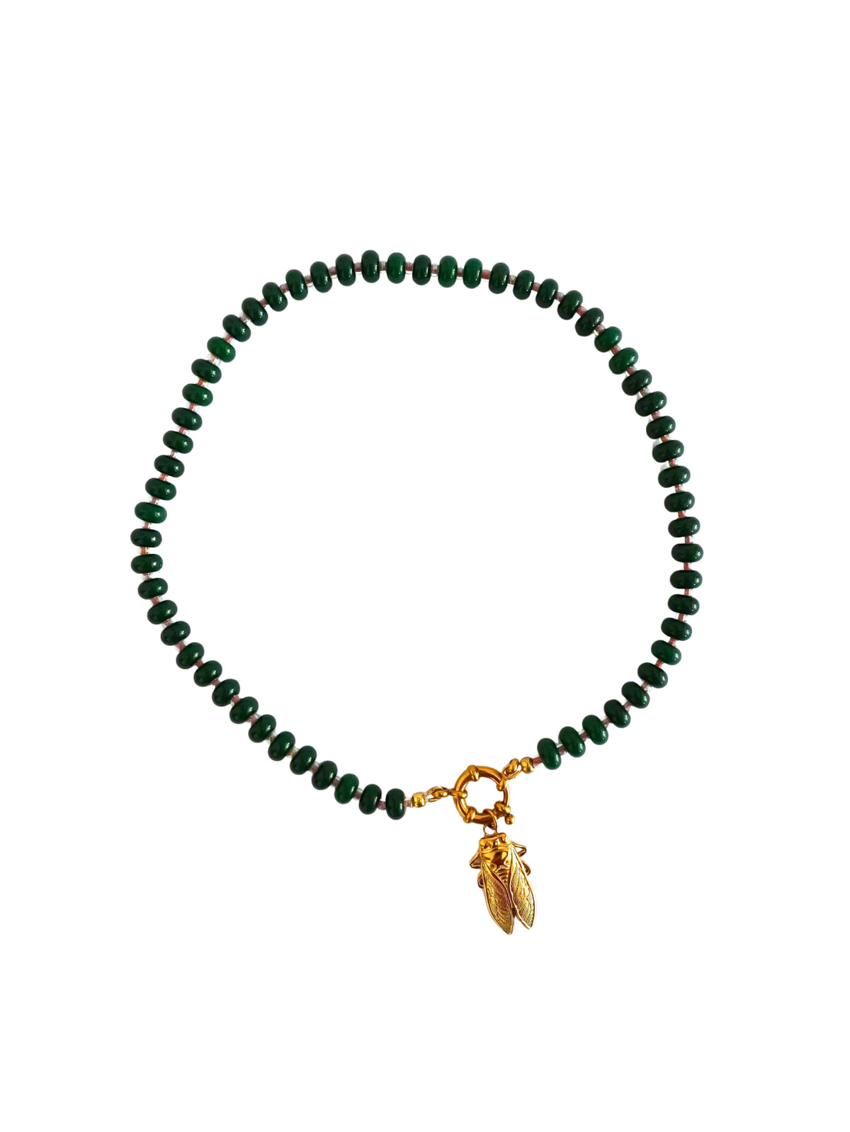 Collier perles &  pendentif cigale - vert forêt