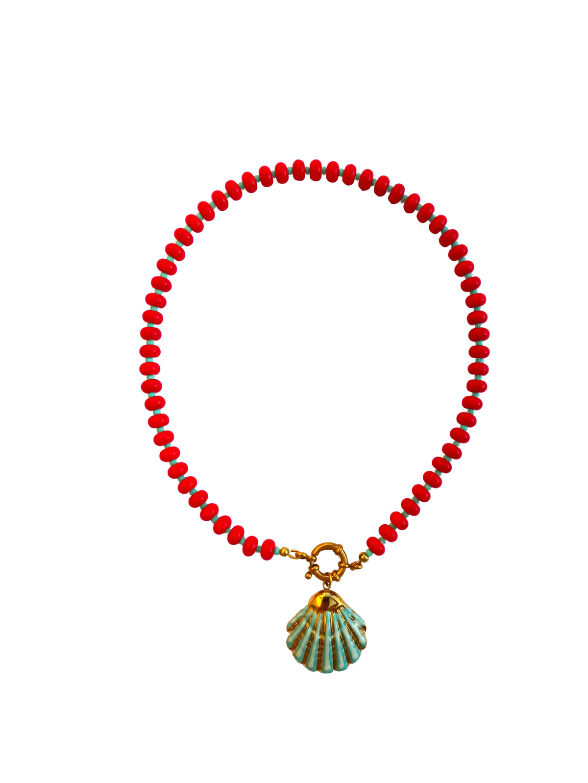 Collier perles &  pendentif coquillage - rouge