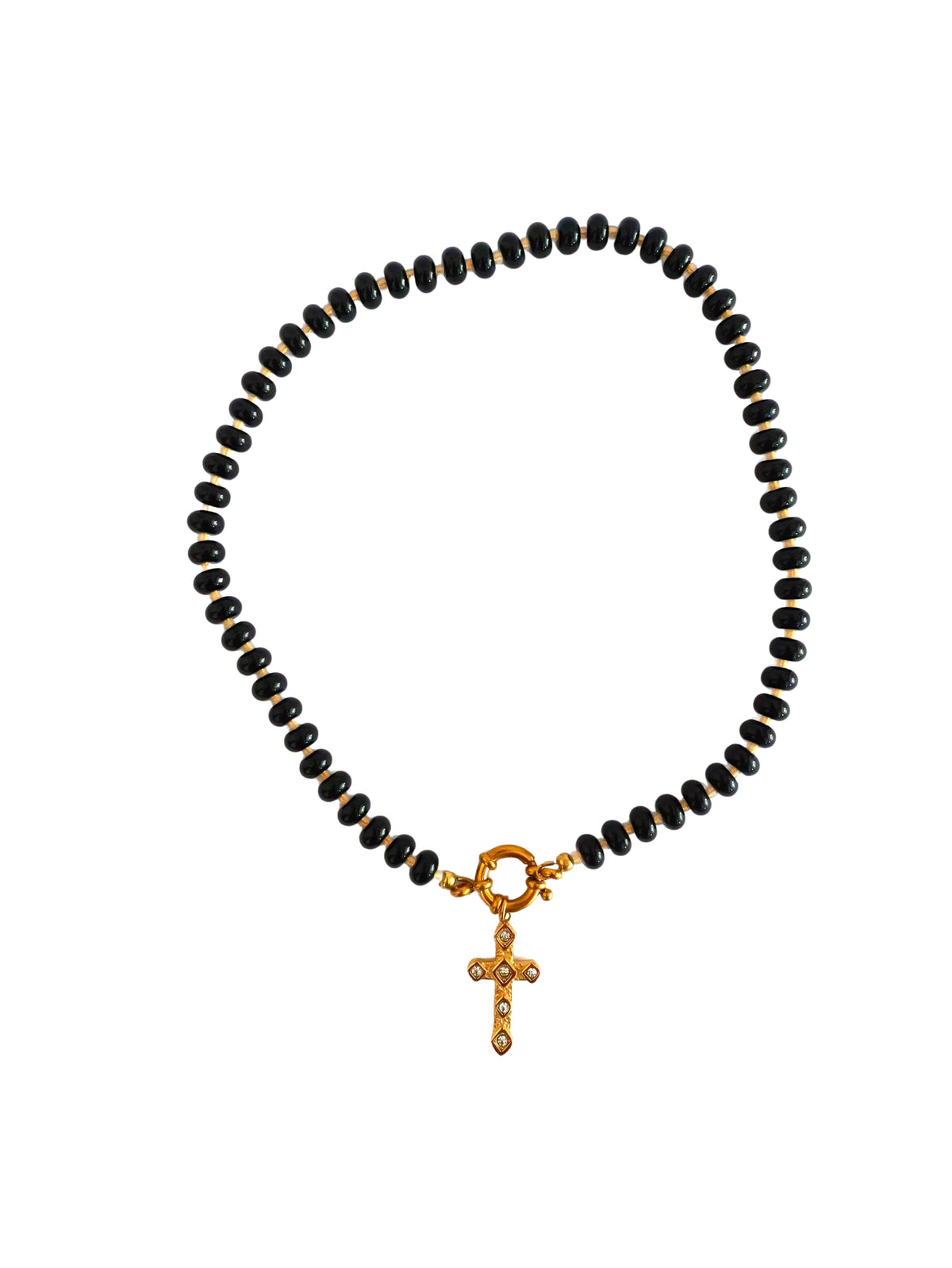 Collier perles &  pendentif croix -  noir