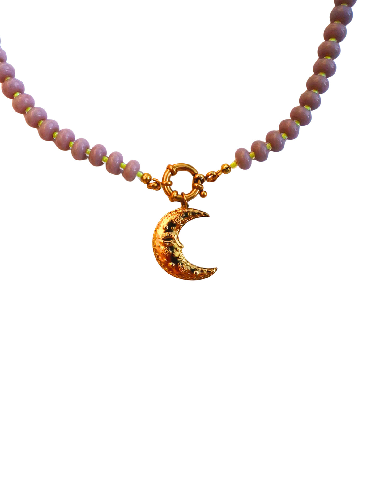 Collier perles &  pendentif lune - mauve & jaune