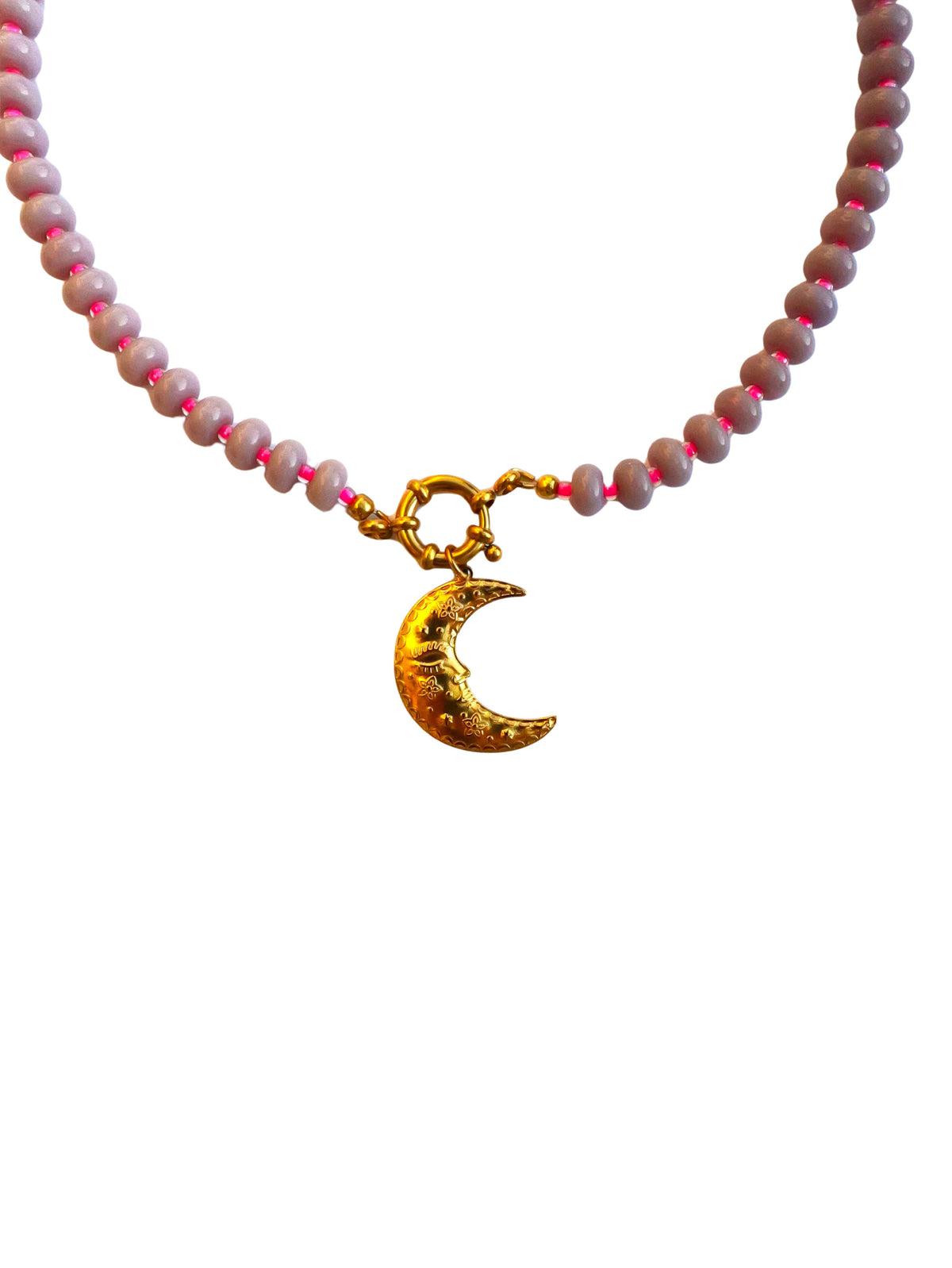 Collier perles &  pendentif lune - mauve & rose