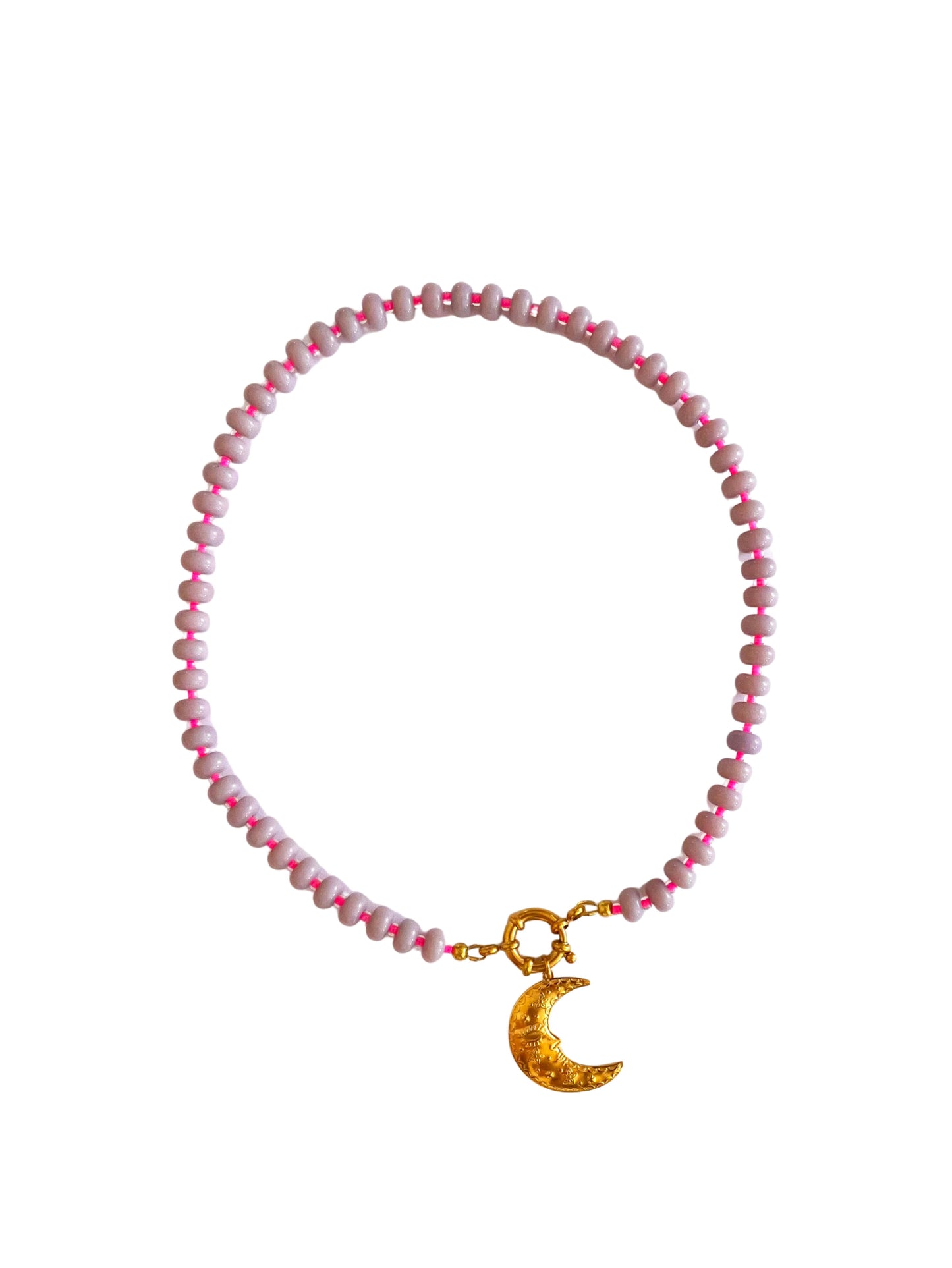 Collier perles &  pendentif lune - mauve & rose