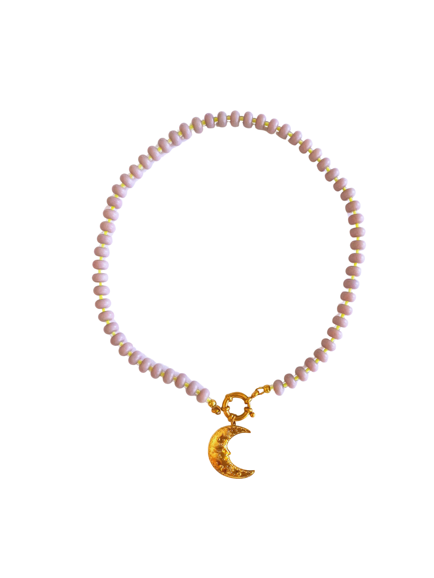 Collier perles &  pendentif lune - mauve & jaune
