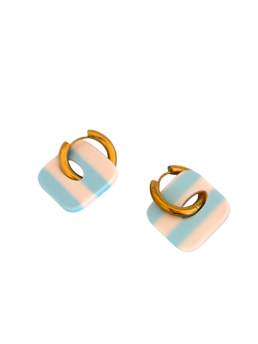 Boucles d'oreilles créoles carrés  - rayures bleu