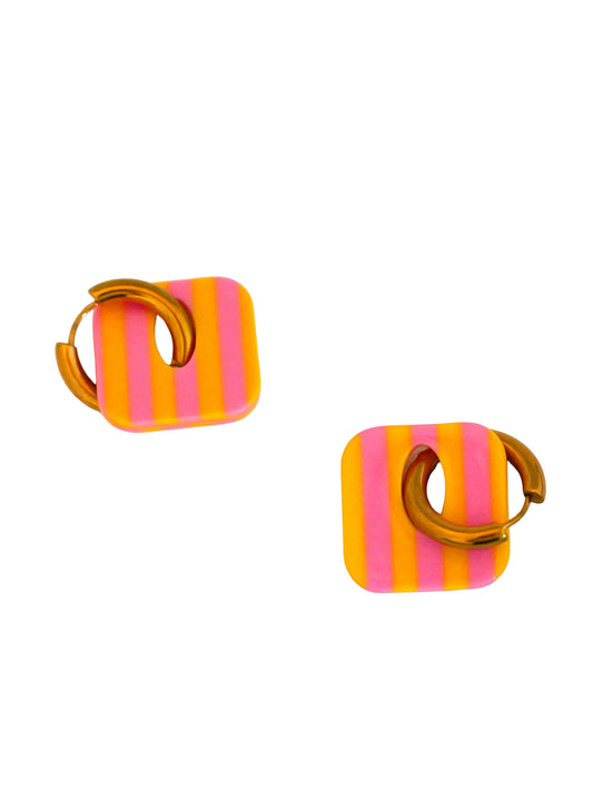 Boucles d'oreilles créoles carrés - jaune & rose
