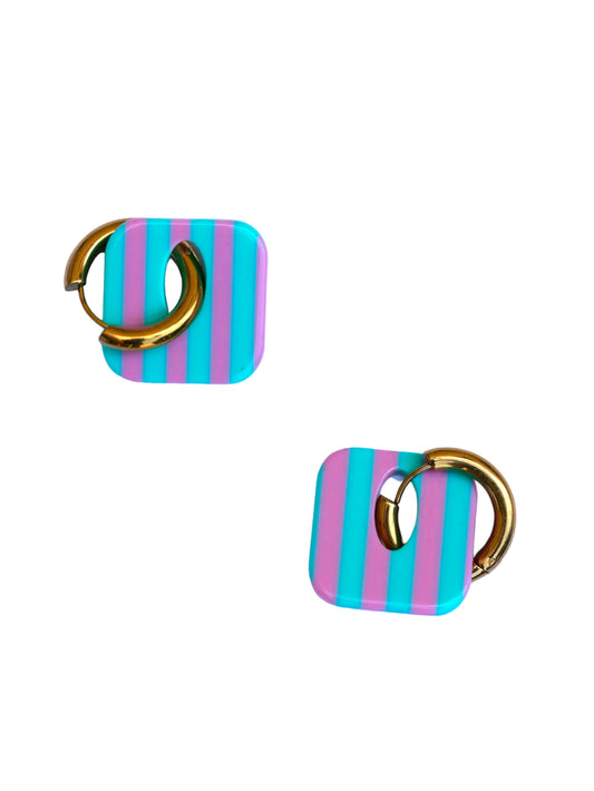 Boucles d'oreilles créoles carrés  - rayures bleu & rose