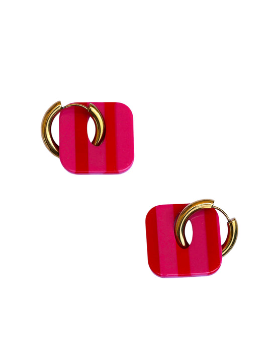 Boucles d'oreilles créoles carrés - rouge & rose