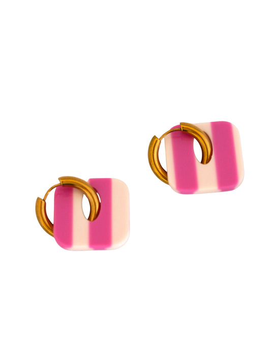 Boucles d'oreilles créoles carrés  - rayures rose