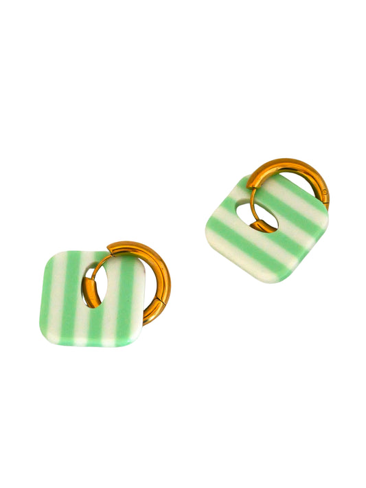 Boucles d'oreilles créoles carrés  - rayures vertes