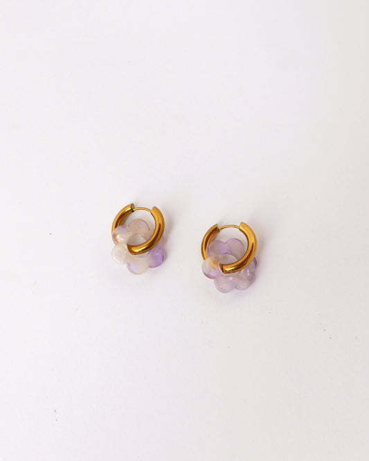 Boucles d'oreilles créoles fleurs - mauve blanc