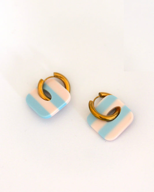 Boucles d'oreilles créoles carrés  - rayures bleu