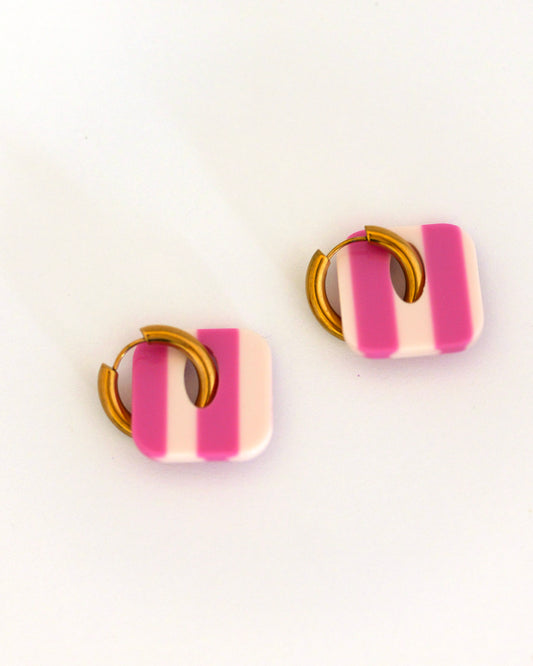 Boucles d'oreilles créoles carrés  - rayures rose